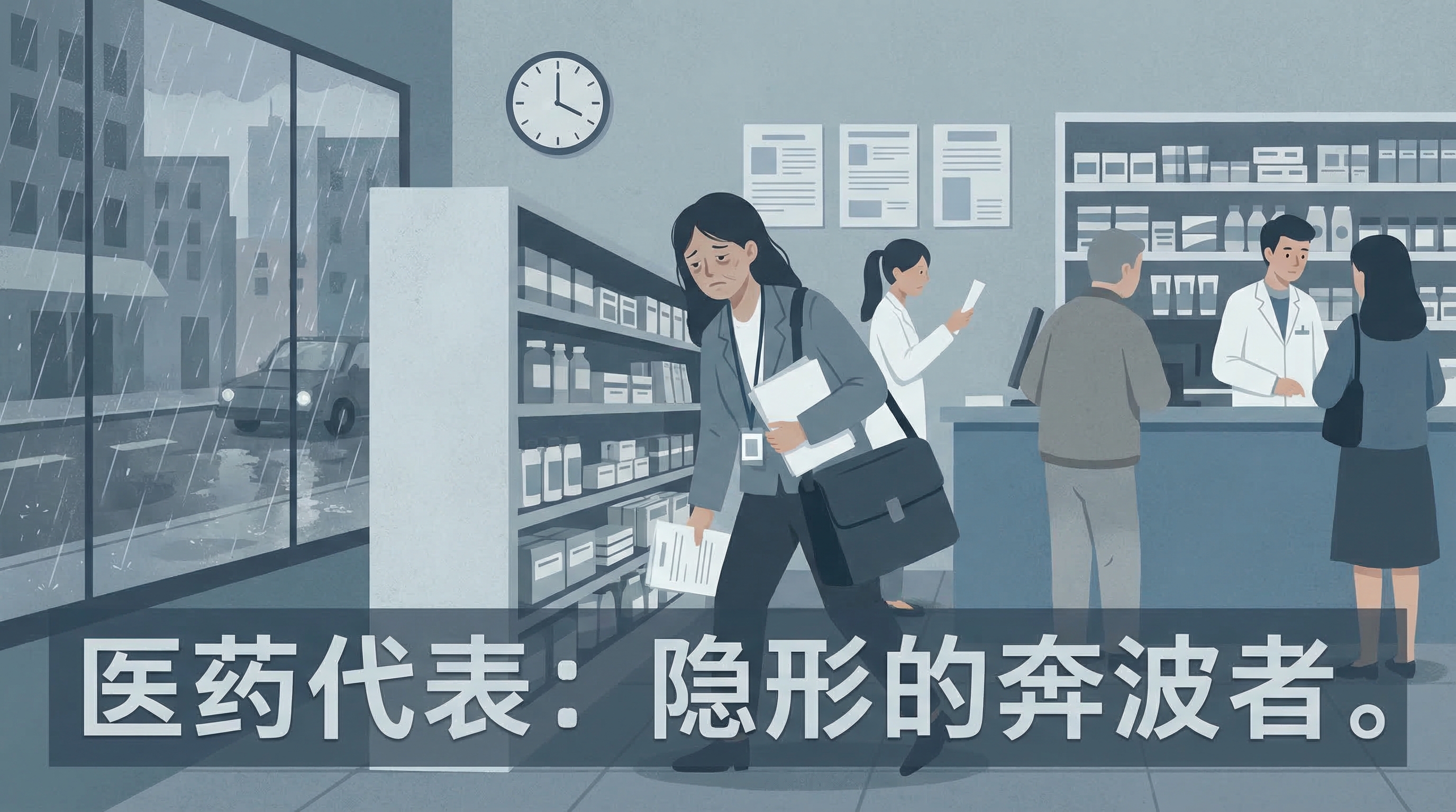 医药代表在药店奔波工作场景